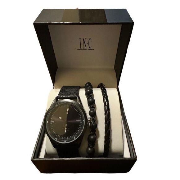 NWT INC Men's Faux-Leather Strap Watch 43mm Gift Set, Created for Macy's - Black - Picture 2 of 5